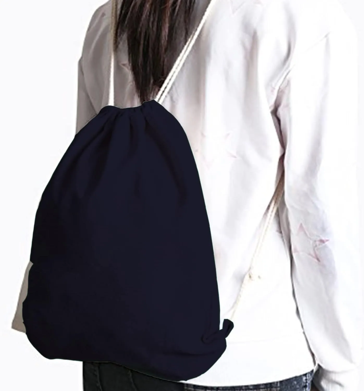 2-pack Cotton Canvas Drawstring Backpack Bag Gym Sackpack String Sack Pack Bags, 13.3 x 15.7 inches, Blue