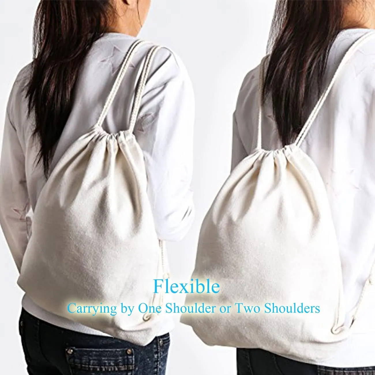 2-pack Cotton Canvas Drawstring Backpack Bag Gym Sackpack String Sack Pack Bags, 13.3 x 15.7 inches, Blue