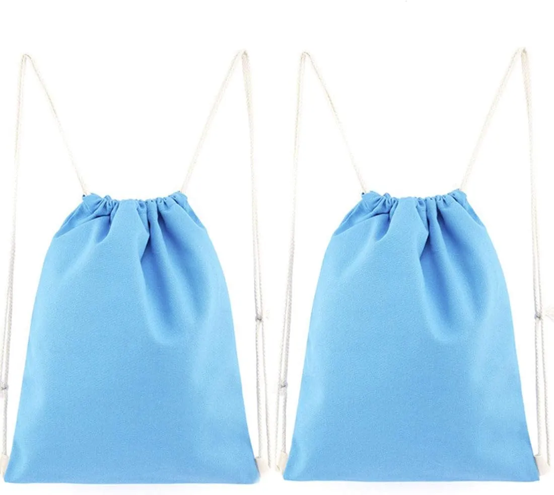 2-pack Cotton Canvas Drawstring Bag Backpack Gym Sackpack, String Backpack, Sack Pack, 13.3 x 15.7 inches, Light Blue
