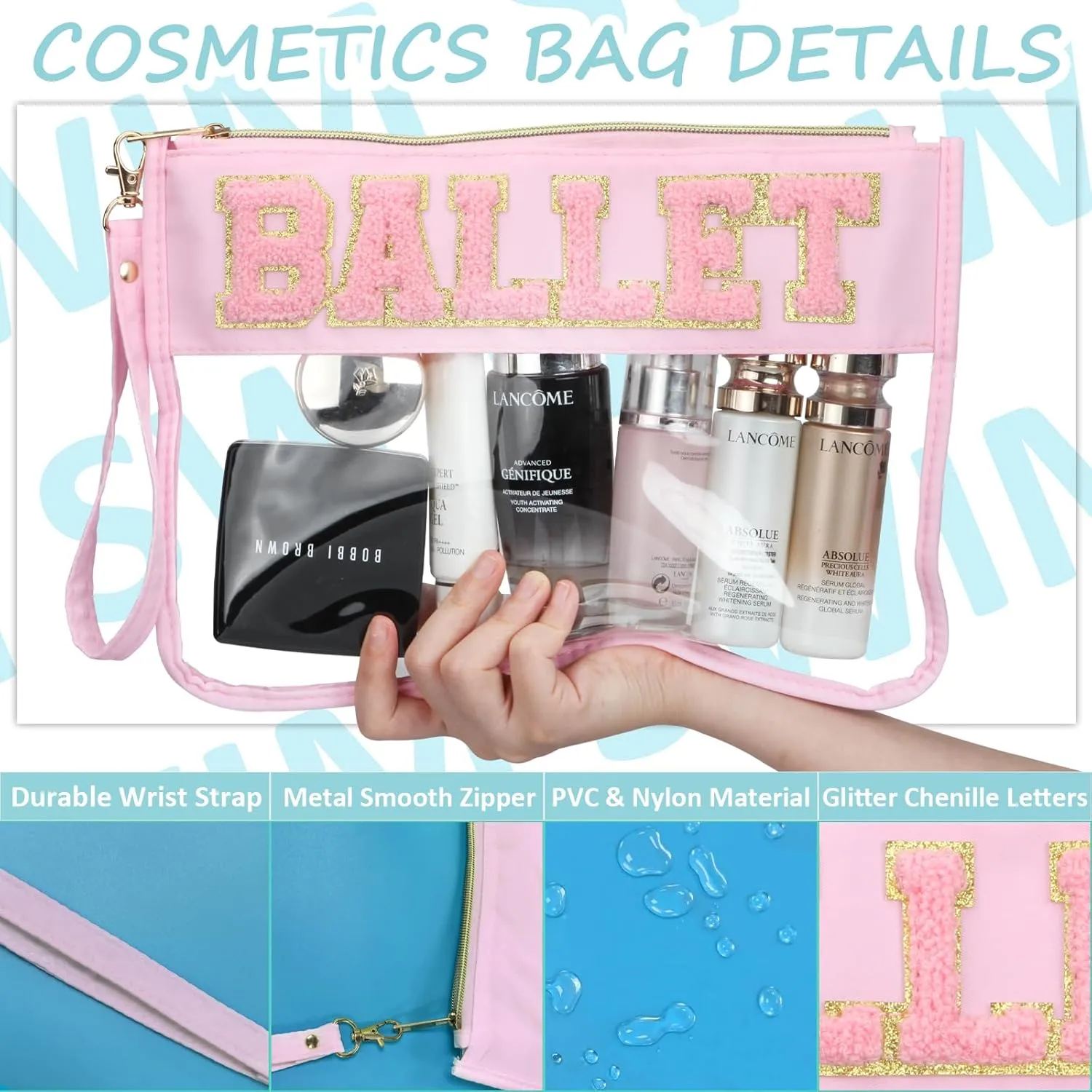 2 Pcs Ballet Gifts Cosmetic Makeup Bag with Chenille Letter Patch, Clear Pouch PVC Organizer Purse, Waterproof Travel Bag, Portable Toiletry Storage Bag for Her Girls Friends Women