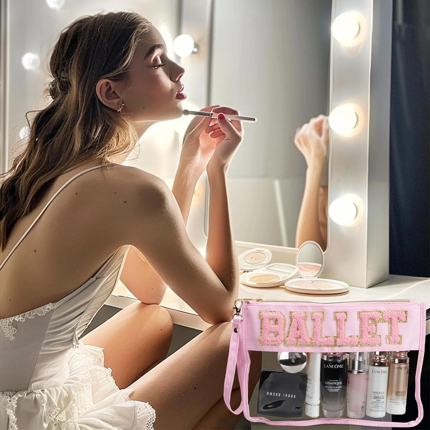 2 Pcs Ballet Gifts Cosmetic Makeup Bag with Chenille Letter Patch, Clear Pouch PVC Organizer Purse, Waterproof Travel Bag, Portable Toiletry Storage Bag for Her Girls Friends Women
