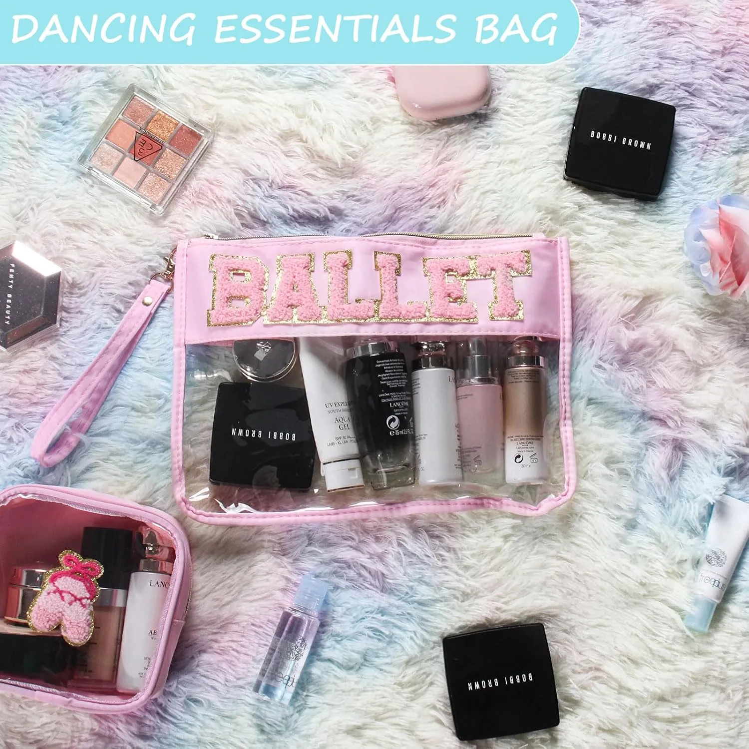 2 Pcs Ballet Gifts Cosmetic Makeup Bag with Chenille Letter Patch, Clear Pouch PVC Organizer Purse, Waterproof Travel Bag, Portable Toiletry Storage Bag for Her Girls Friends Women