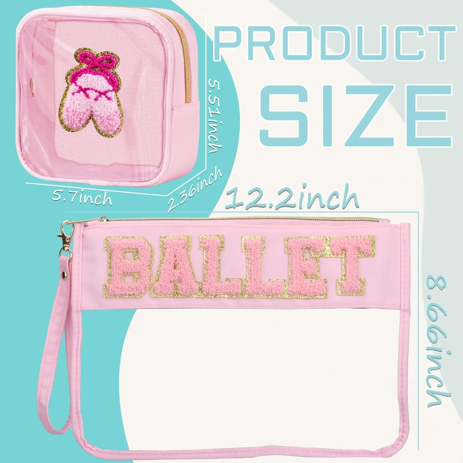 2 Pcs Ballet Gifts Cosmetic Makeup Bag with Chenille Letter Patch, Clear Pouch PVC Organizer Purse, Waterproof Travel Bag, Portable Toiletry Storage Bag for Her Girls Friends Women