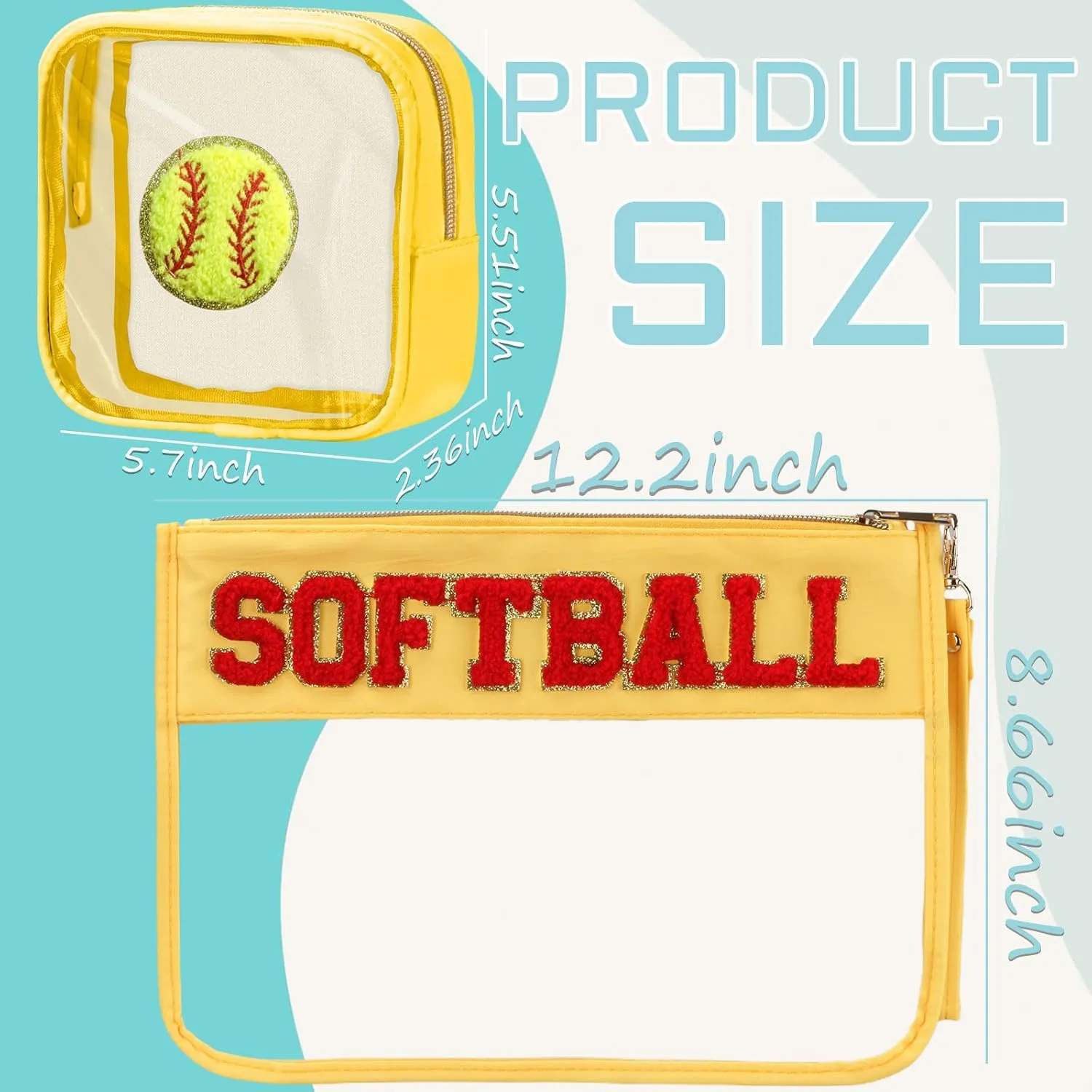 2 Pcs Softball Gifts Makeup Bag with Chenille Letter Patch, Clear Cosmetic Pouch PVC Organizer Purse, Waterproof Travel Bag, Portable Toiletry Storage Bag for Her Girls Friends Women