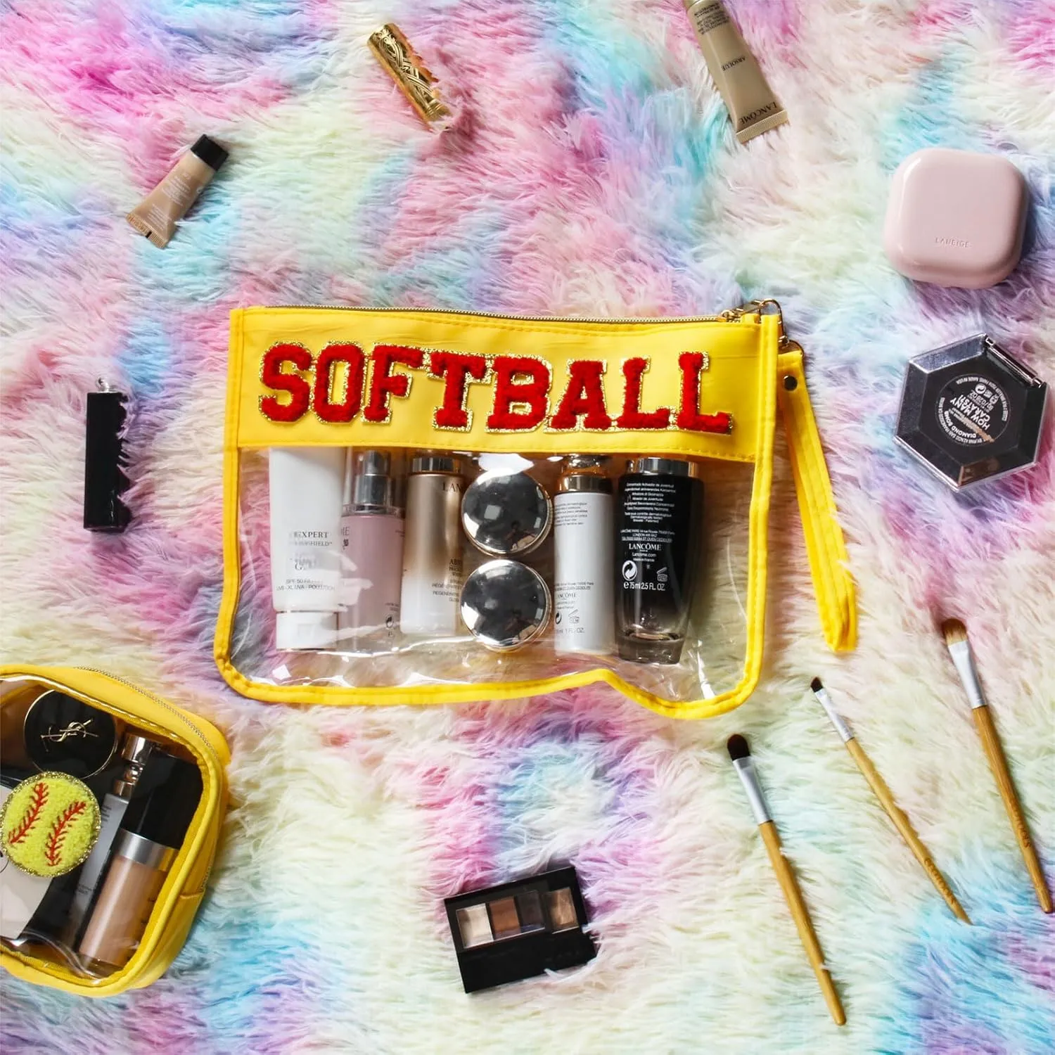 2 Pcs Softball Gifts Makeup Bag with Chenille Letter Patch, Clear Cosmetic Pouch PVC Organizer Purse, Waterproof Travel Bag, Portable Toiletry Storage Bag for Her Girls Friends Women