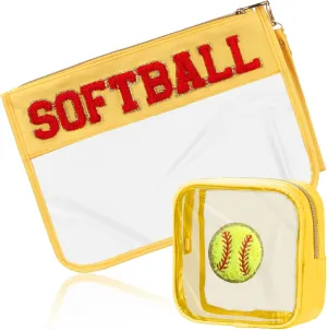 2 Pcs Softball Gifts Makeup Bag with Chenille Letter Patch, Clear Cosmetic Pouch PVC Organizer Purse, Waterproof Travel Bag, Portable Toiletry Storage Bag for Her Girls Friends Women