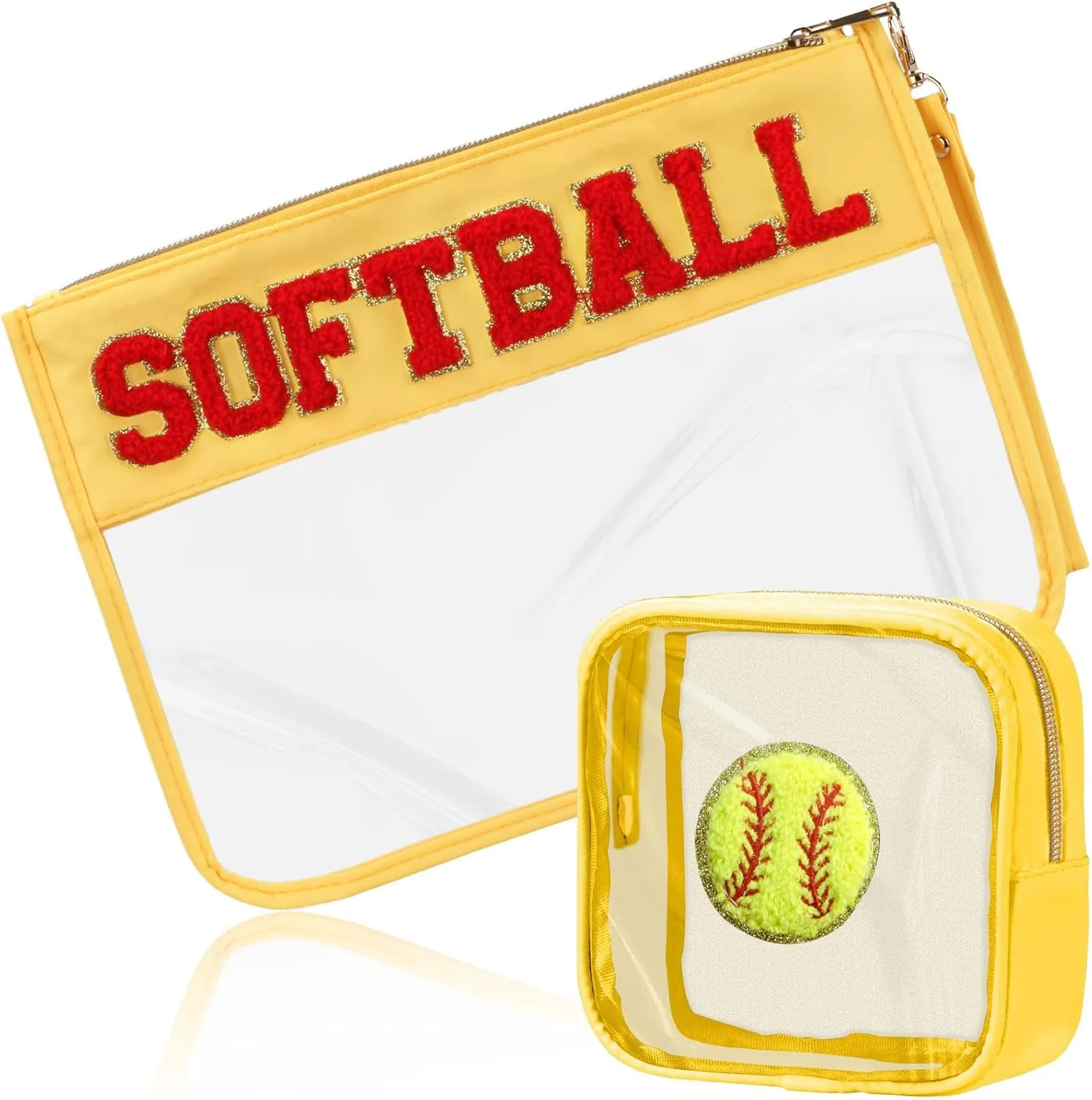 2 Pcs Softball Gifts Makeup Bag with Chenille Letter Patch, Clear Cosmetic Pouch PVC Organizer Purse, Waterproof Travel Bag, Portable Toiletry Storage Bag for Her Girls Friends Women