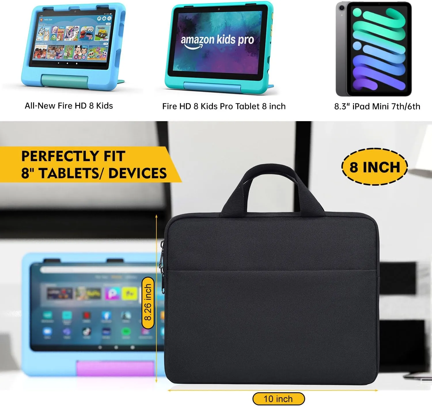 8" Kids Carrying Tablet Sleeve Bag Compatible with 8.3" iPad Mini 7th/6th, All-New Fire HD 8 Kids/Fire HD 8 Kids Pro Tablet 8 inch Sleeve Case Pouch, Black