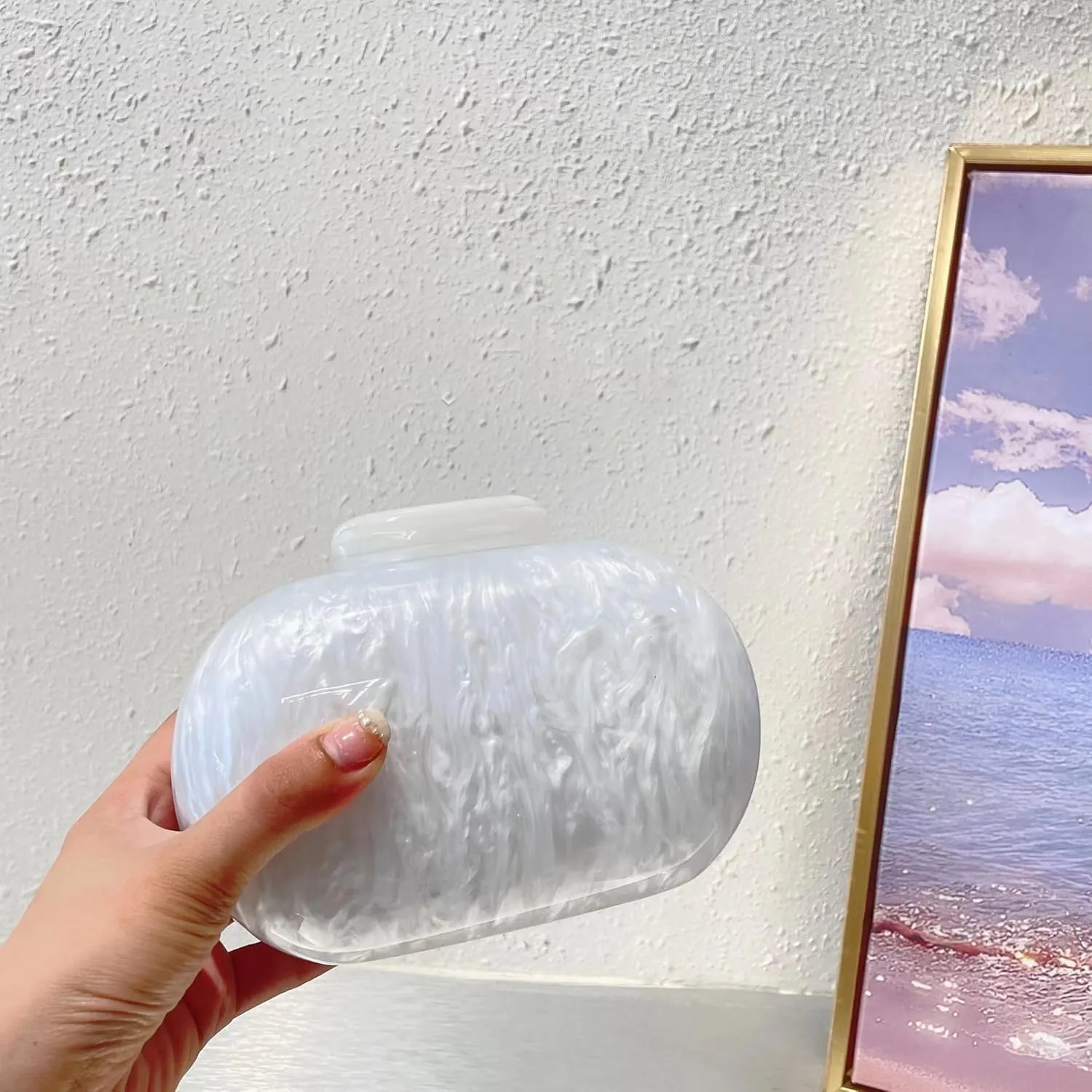 Acrylic Evening Clutch Bag for Women Shell Shape Shoulder Crossbody Bag Glitter Marble Purse Handbag