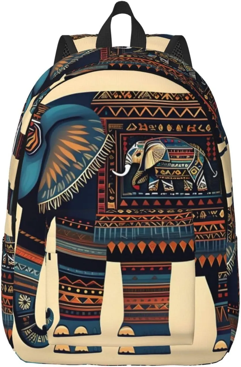 Aztec Elephant Print Canvas Backpack Women,Mens Travel Casual Daypack Bookbag For Laptop Work Travel Hiking