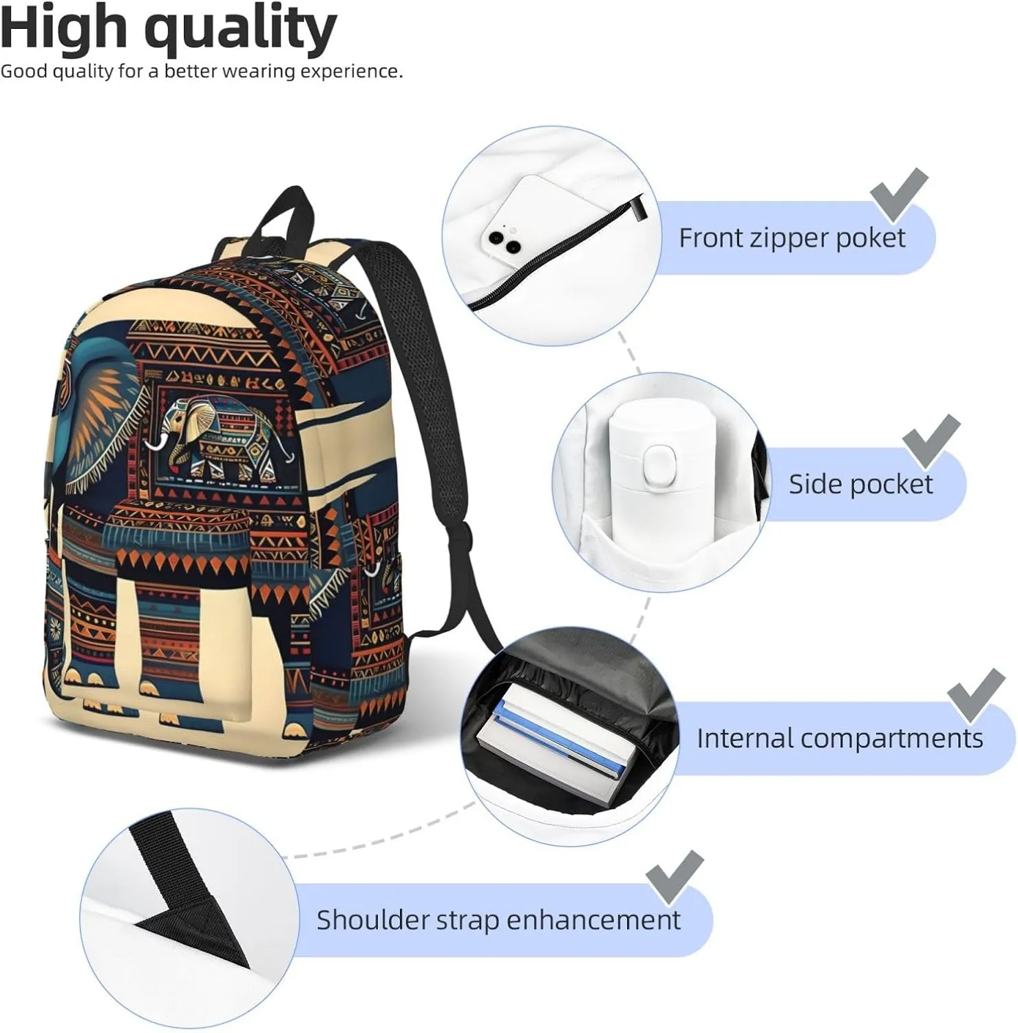 Aztec Elephant Print Canvas Backpack Women,Mens Travel Casual Daypack Bookbag For Laptop Work Travel Hiking