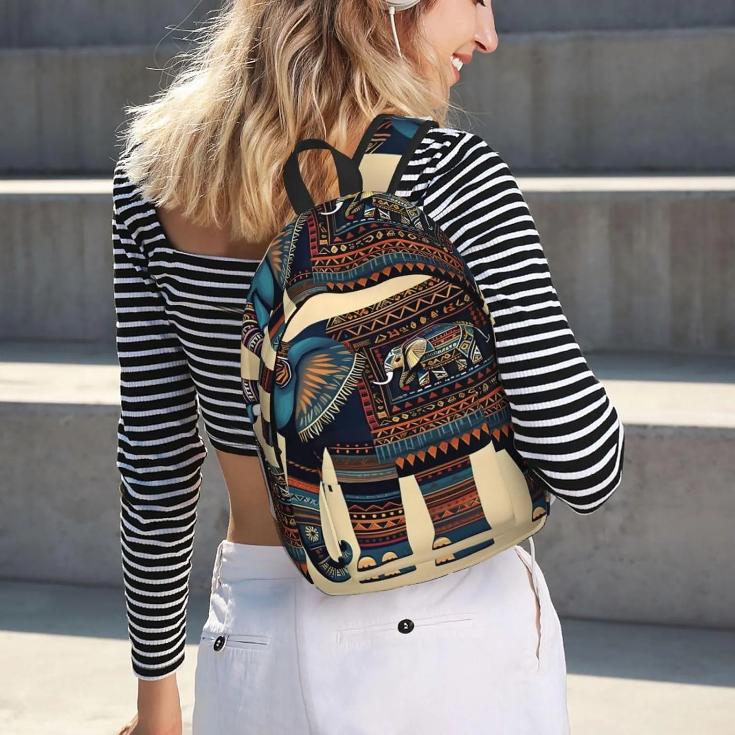 Aztec Elephant Print Canvas Backpack Women,Mens Travel Casual Daypack Bookbag For Laptop Work Travel Hiking