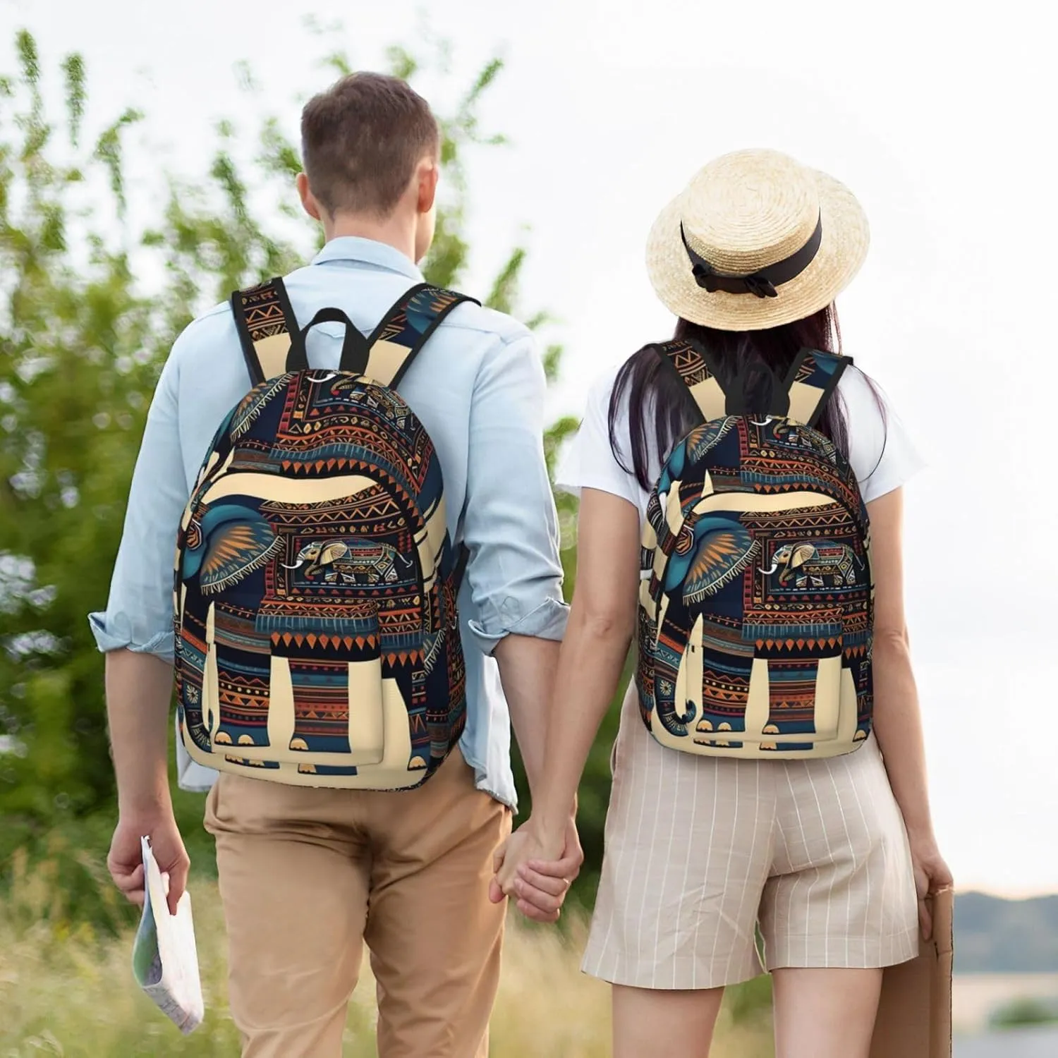 Aztec Elephant Print Canvas Backpack Women,Mens Travel Casual Daypack Bookbag For Laptop Work Travel Hiking