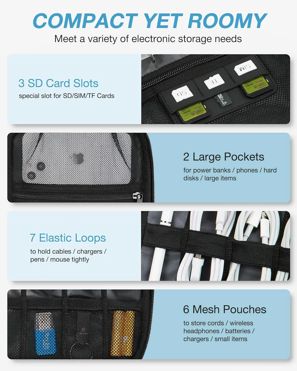 BAGSMART Electronics Travel Organizer Case, Tech Accessories Cord Storage Bag for Phone, Power Bank, SD Card, Cables, Black