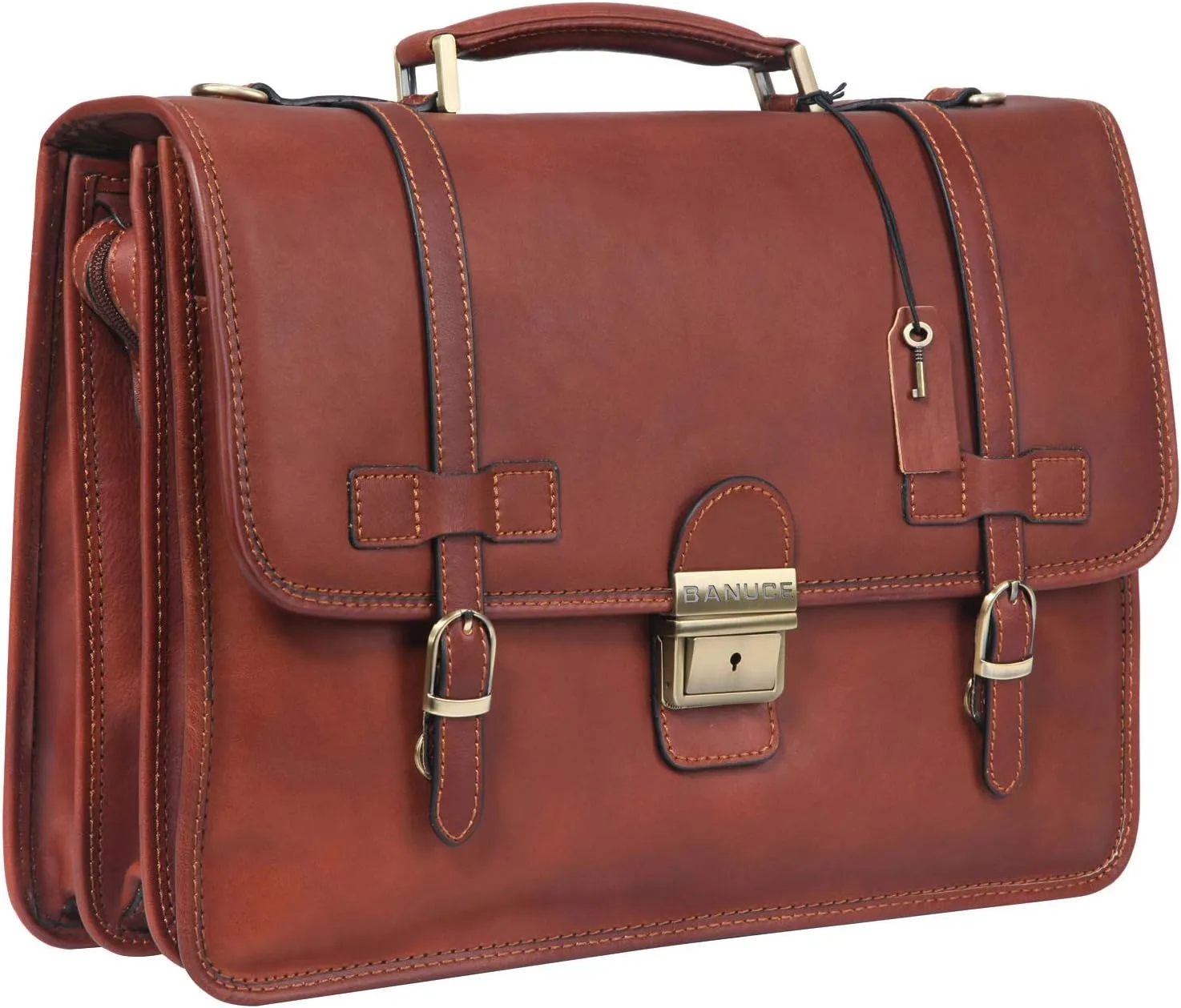 Banuce Vintage Genuine Full Grain Italian Leather Briefcase for Men with Lock 14 Inch Laptop Work Bag Attache Case with Luggage Strap Brown