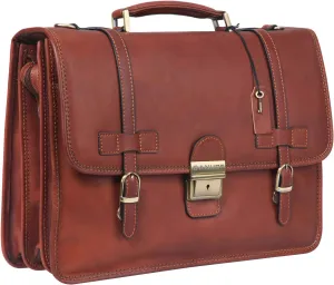 Banuce Vintage Genuine Full Grain Italian Leather Briefcase for Men with Lock 14 Inch Laptop Work Bag Attache Case with Luggage Strap Brown