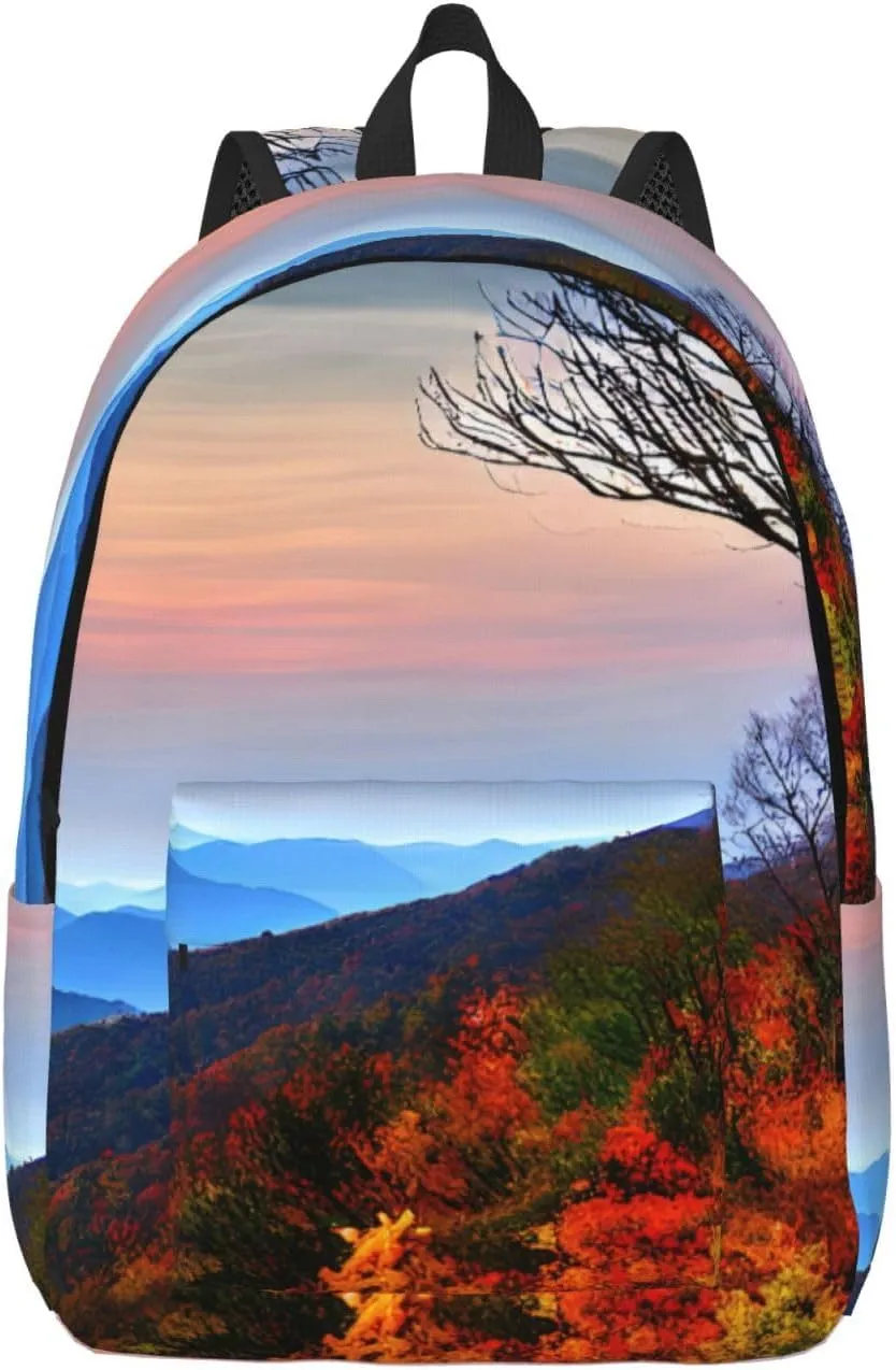 Blue Ridge Mountains Print Canvas Backpack Women,Mens Travel Casual Daypack Bookbag For Laptop Work Travel Hiking