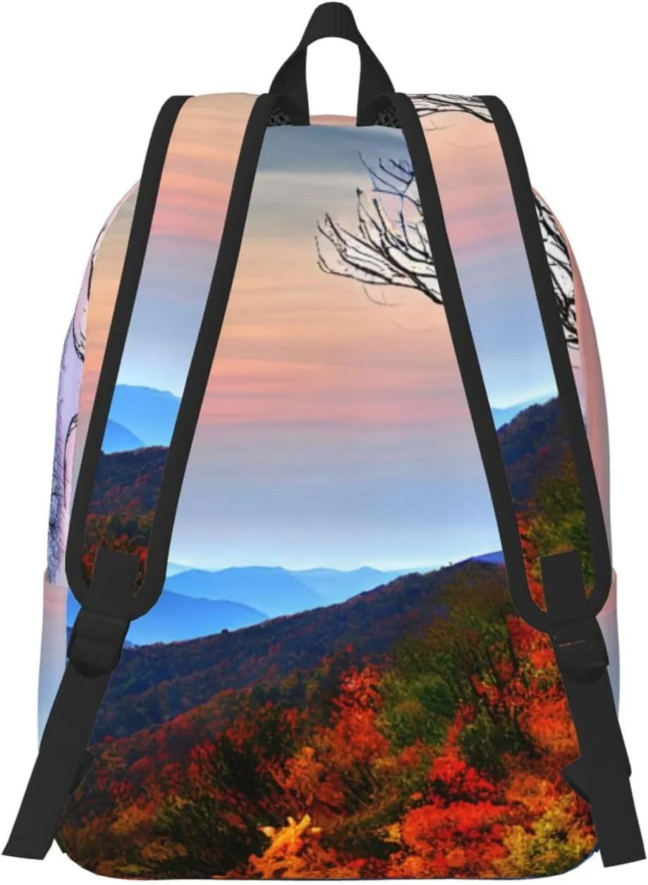 Blue Ridge Mountains Print Canvas Backpack Women,Mens Travel Casual Daypack Bookbag For Laptop Work Travel Hiking