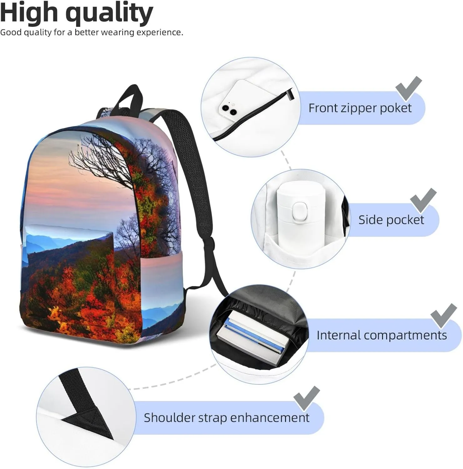 Blue Ridge Mountains Print Canvas Backpack Women,Mens Travel Casual Daypack Bookbag For Laptop Work Travel Hiking
