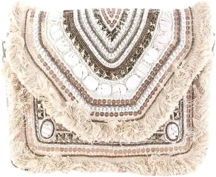 Boho Beaded Clutch Purse  Cream & Brown Tribal Envelope Bag with Fringe | Handmade Banjara Crossbody Bag, Ethnic Festival Sling Purse for Women