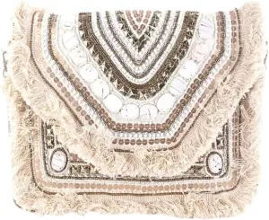 Boho Beaded Clutch Purse  Cream & Brown Tribal Envelope Bag with Fringe | Handmade Banjara Crossbody Bag, Ethnic Festival Sling Purse for Women
