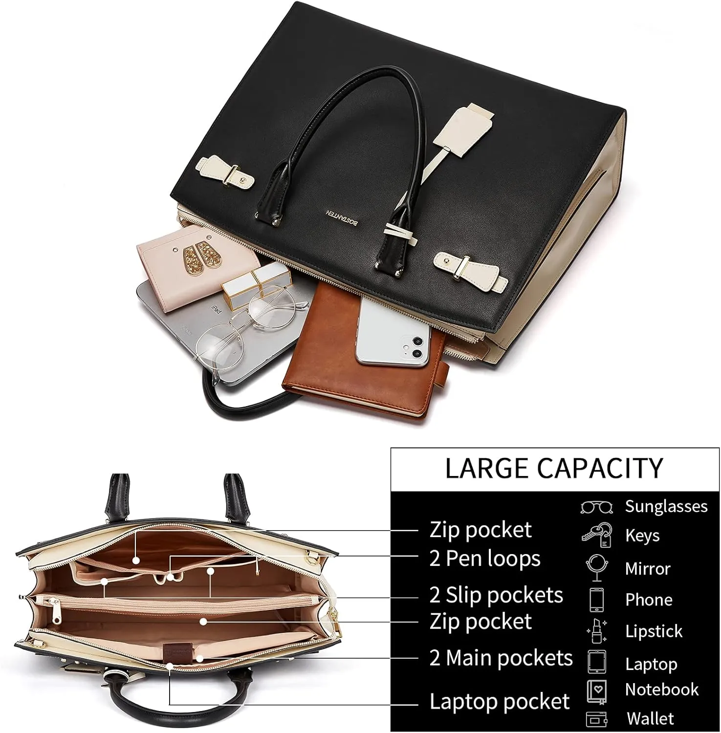 BOSTANTEN Briefcase for Women 15.6 Inch Genuine Leather Laptop Briefcase Shoulder Work Tote Bag Purse