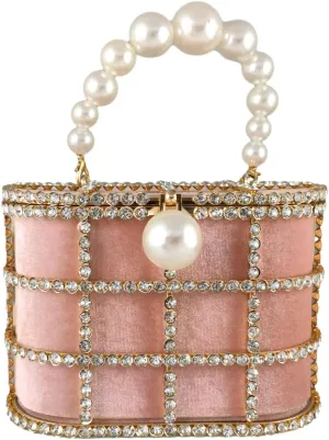 Boutique De FGG Elegant Evening Handbag with Pearl Rhinestone Bucket Bag Crystal Clutch Purses for Wedding Party Small Tote