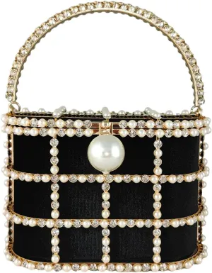 Boutique De FGG Elegant Evening Handbag with Pearl Rhinestone Bucket Bag Crystal Clutch Purses for Wedding Party Small Tote