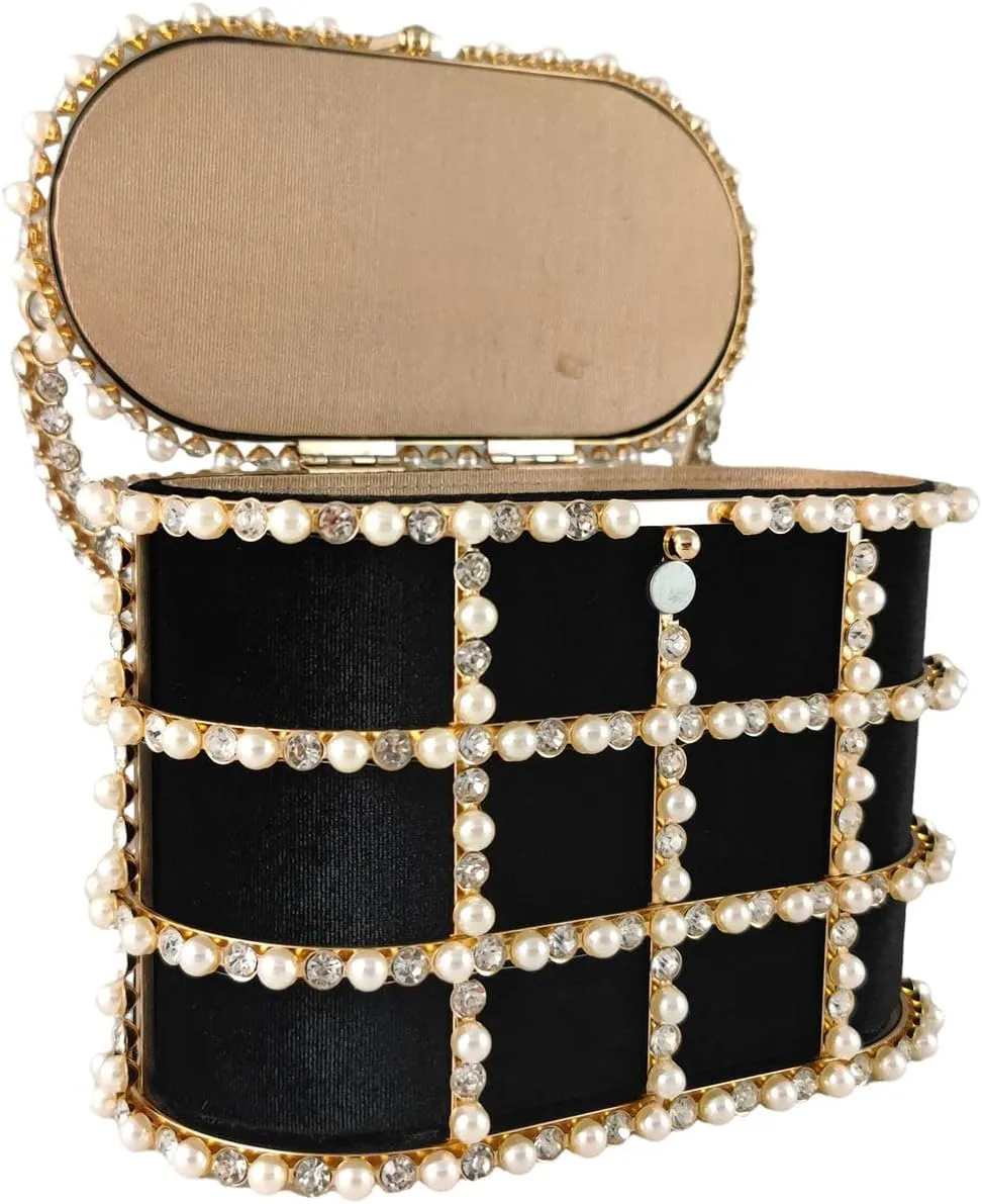 Boutique De FGG Elegant Evening Handbag with Pearl Rhinestone Bucket Bag Crystal Clutch Purses for Wedding Party Small Tote