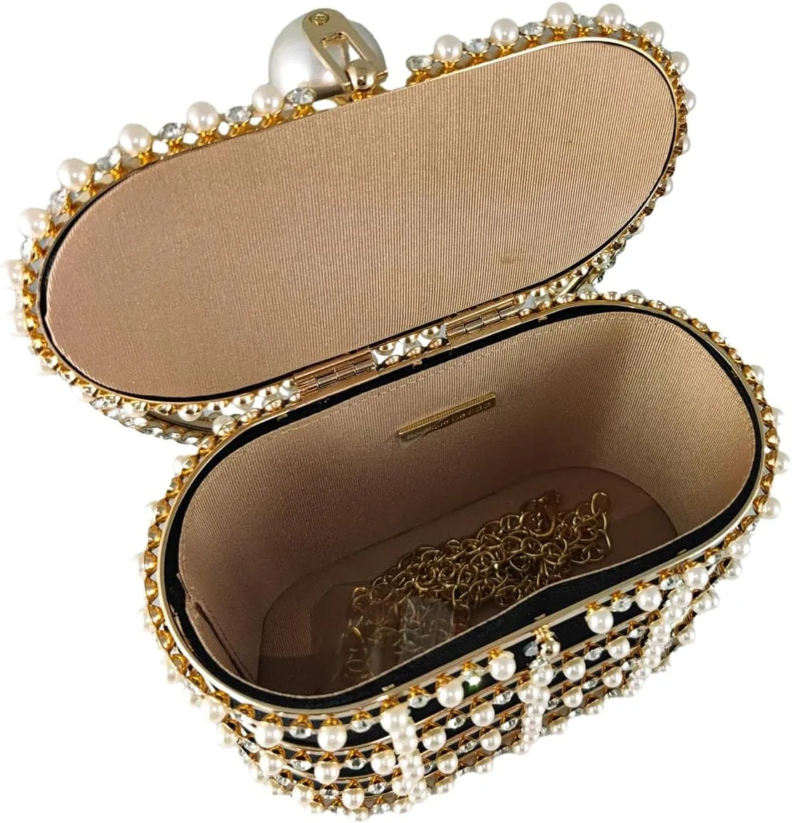 Boutique De FGG Elegant Evening Handbag with Pearl Rhinestone Bucket Bag Crystal Clutch Purses for Wedding Party Small Tote