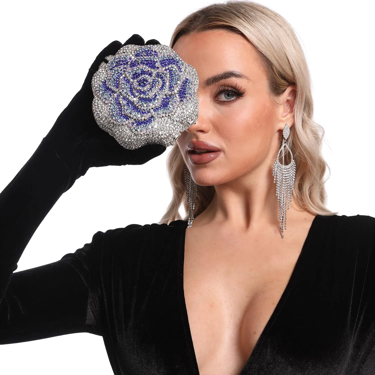 Boutique De FGG Rose Crystal Clutch Purse Women Flower Evening Bag Wedding Party Prom Bridal Rhinestone Floral Handbag,Mini