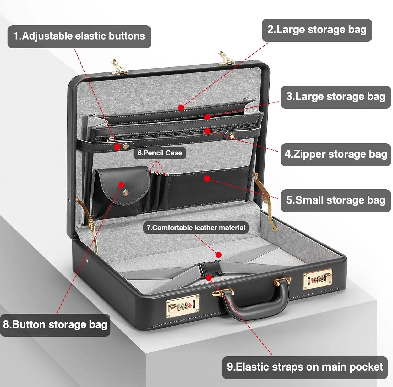 Briefcases - 18.1 x 3.47 x 16.14 Inch Attache Briefcase with Dual Combination Lock, PU Leather Locking Briefcase for Personal Items, Documents, Laptop, Phone, Passport, Valuables - Large/Black