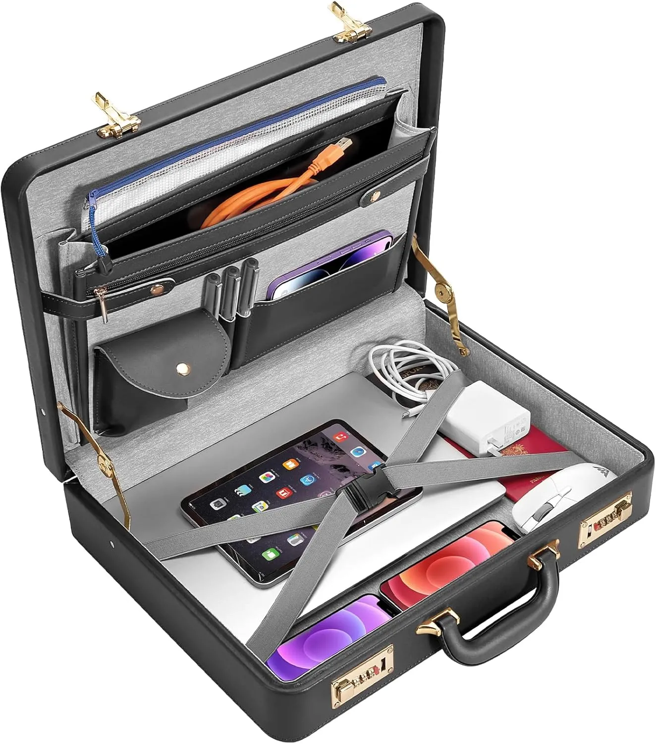 Briefcases - 18.1 x 3.47 x 16.14 Inch Attache Briefcase with Dual Combination Lock, PU Leather Locking Briefcase for Personal Items, Documents, Laptop, Phone, Passport, Valuables - Large/Black