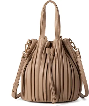 Bucket Bags for Women, Mini Leather Drawstring Crossbody Bucket Purses Pleated Shoulder Handbags