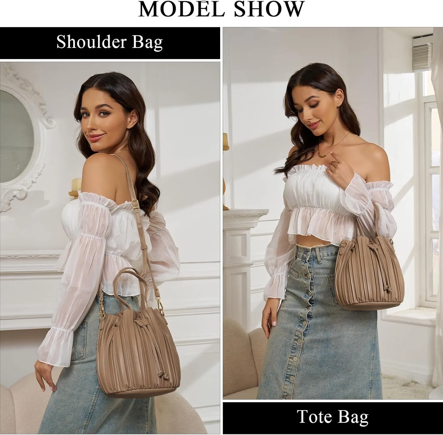 Bucket Bags for Women, Mini Leather Drawstring Crossbody Bucket Purses Pleated Shoulder Handbags