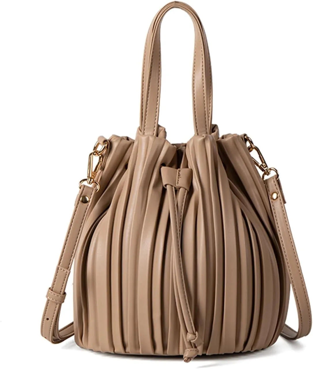 Bucket Bags for Women, Mini Leather Drawstring Crossbody Bucket Purses Pleated Shoulder Handbags