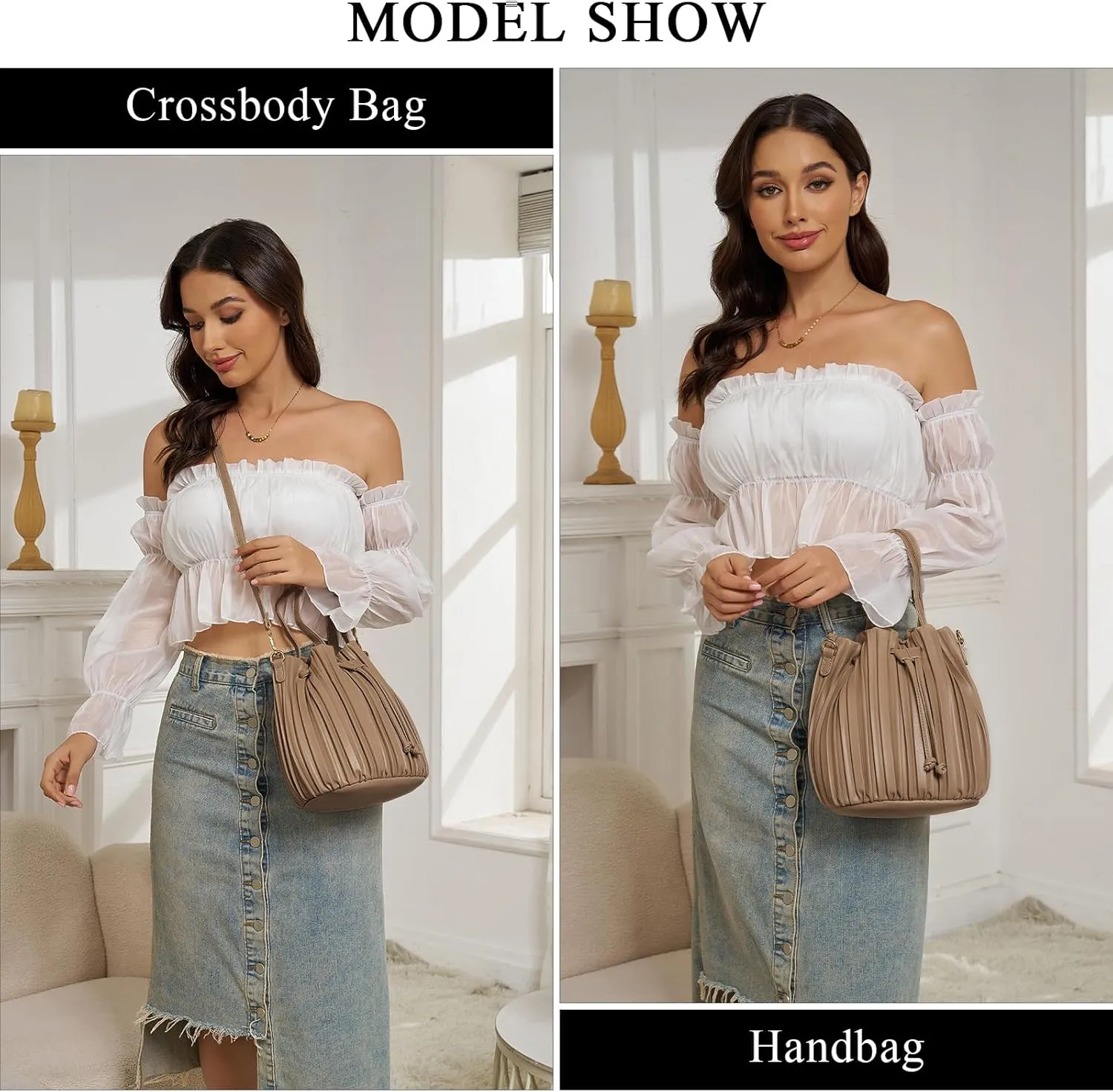 Bucket Bags for Women, Mini Leather Drawstring Crossbody Bucket Purses Pleated Shoulder Handbags
