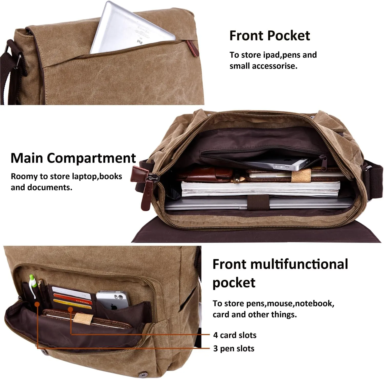 Canvas Messenger Bag for Men Women,Travel Satchel Shoulder bag 15.6 Inch Laptop Bag briefcase Business