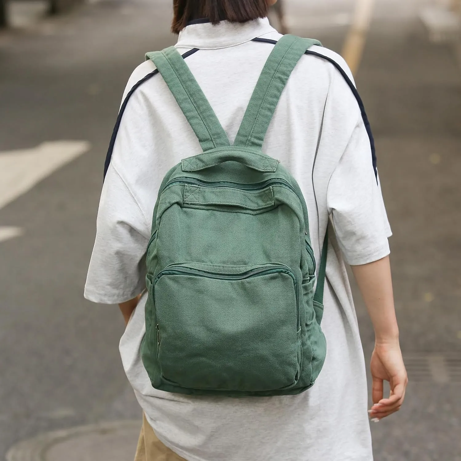Canvas Small Backpack Purse for Women Cute Aesthetic Green Mini Backpack for Teen Girls Ladies Vintage School Bookbag Purse