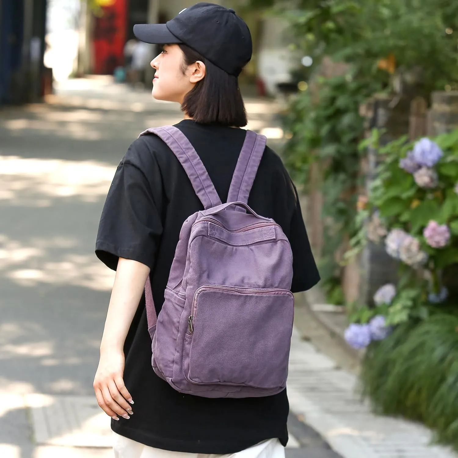 Canvas Small Backpack Purse for Women Cute Aesthetic Purple Mini Backpack for Teen Girls Ladies Vintage School Bookbag Purse