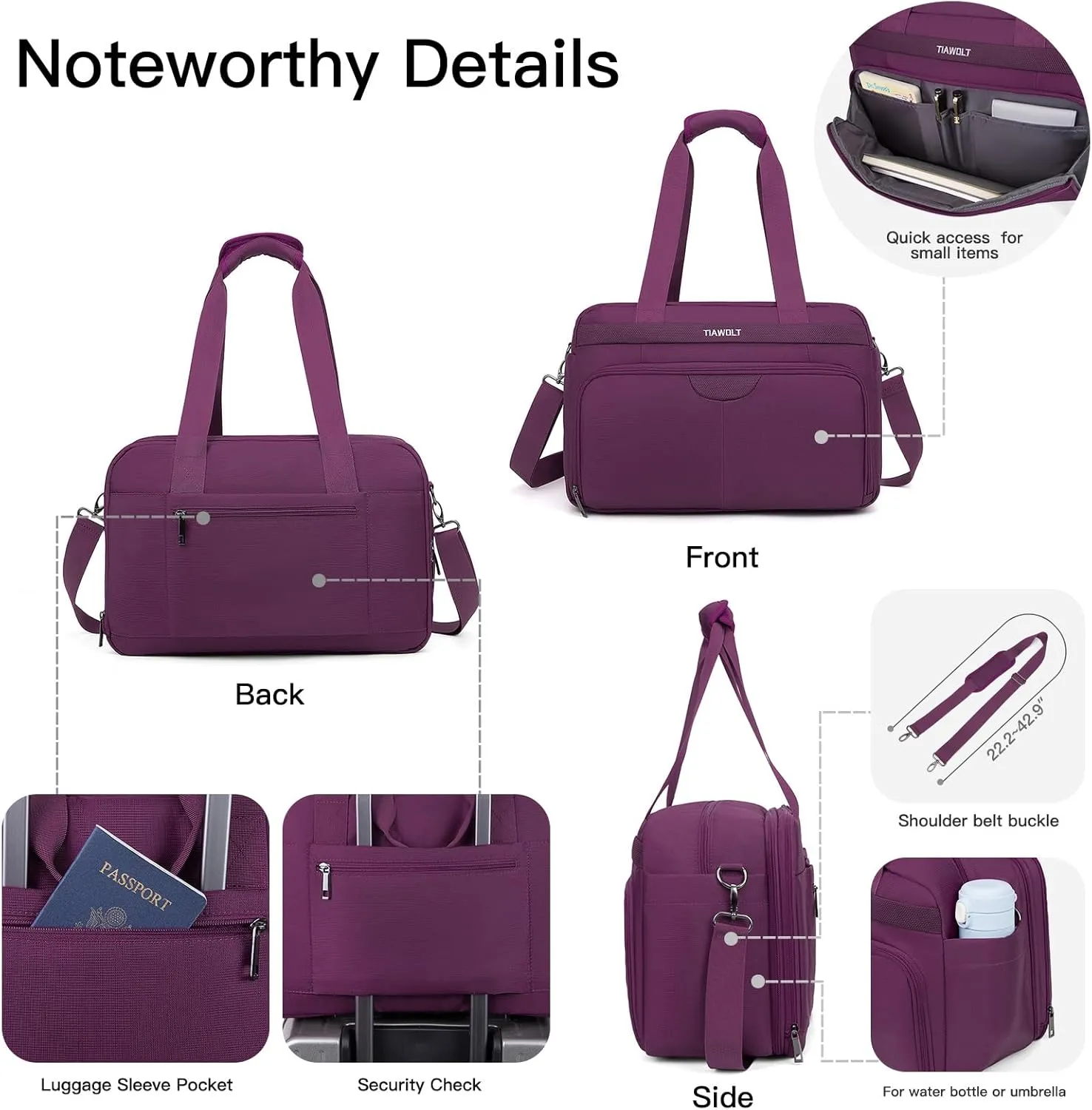 Carry-On Luggage Travel Duffle Bag Weekender Travel Bag Men Gym Bag for Women,Overnight Bag Luggage Bag with Trolley Sleeve,Hospital Bag for Labor and Delivery,Purple