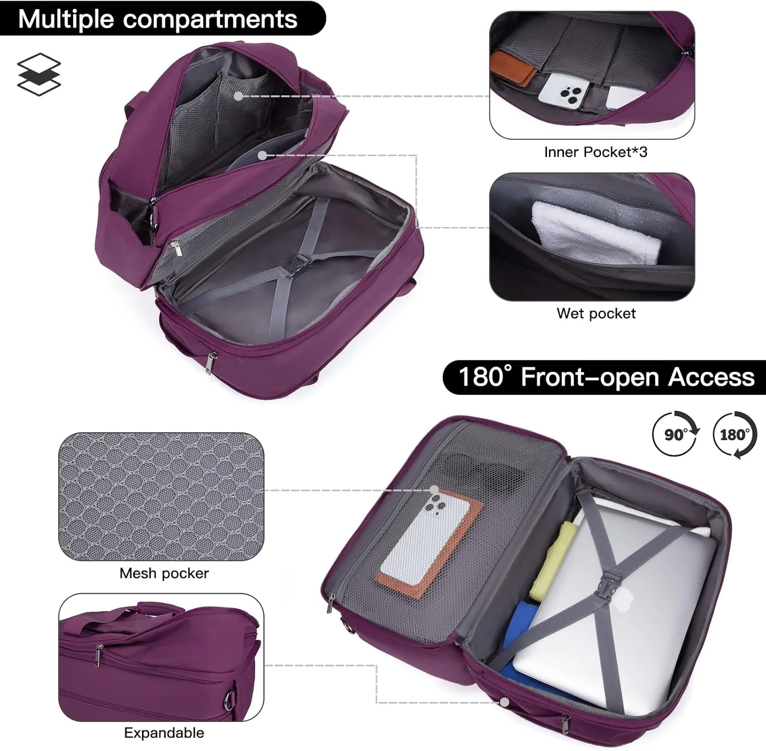 Carry-On Luggage Travel Duffle Bag Weekender Travel Bag Men Gym Bag for Women,Overnight Bag Luggage Bag with Trolley Sleeve,Hospital Bag for Labor and Delivery,Purple