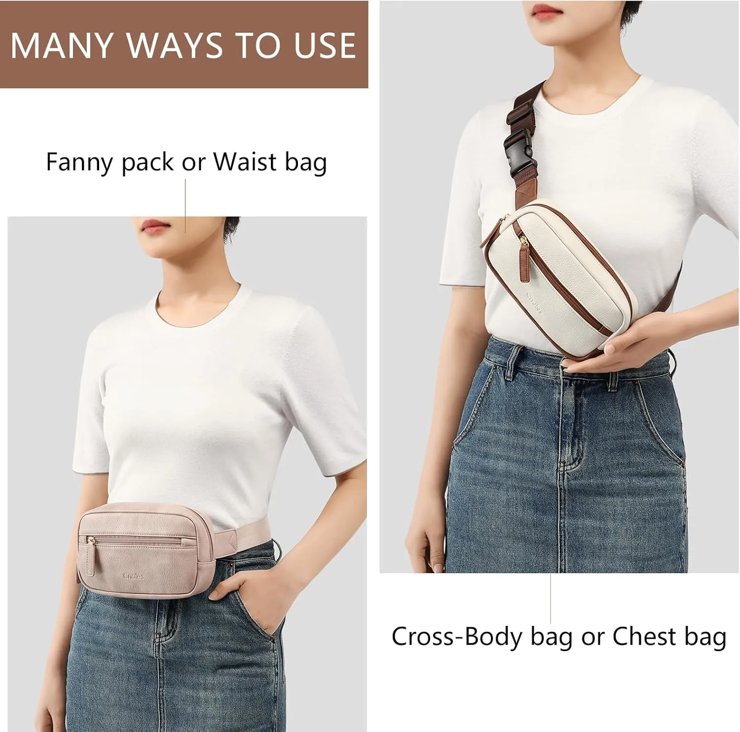 Cnoles Belt Bag for Women Fashion Waist Bag Vegan Leather Fanny Pack Crossbody Bags for Women With Adjustable Straps White