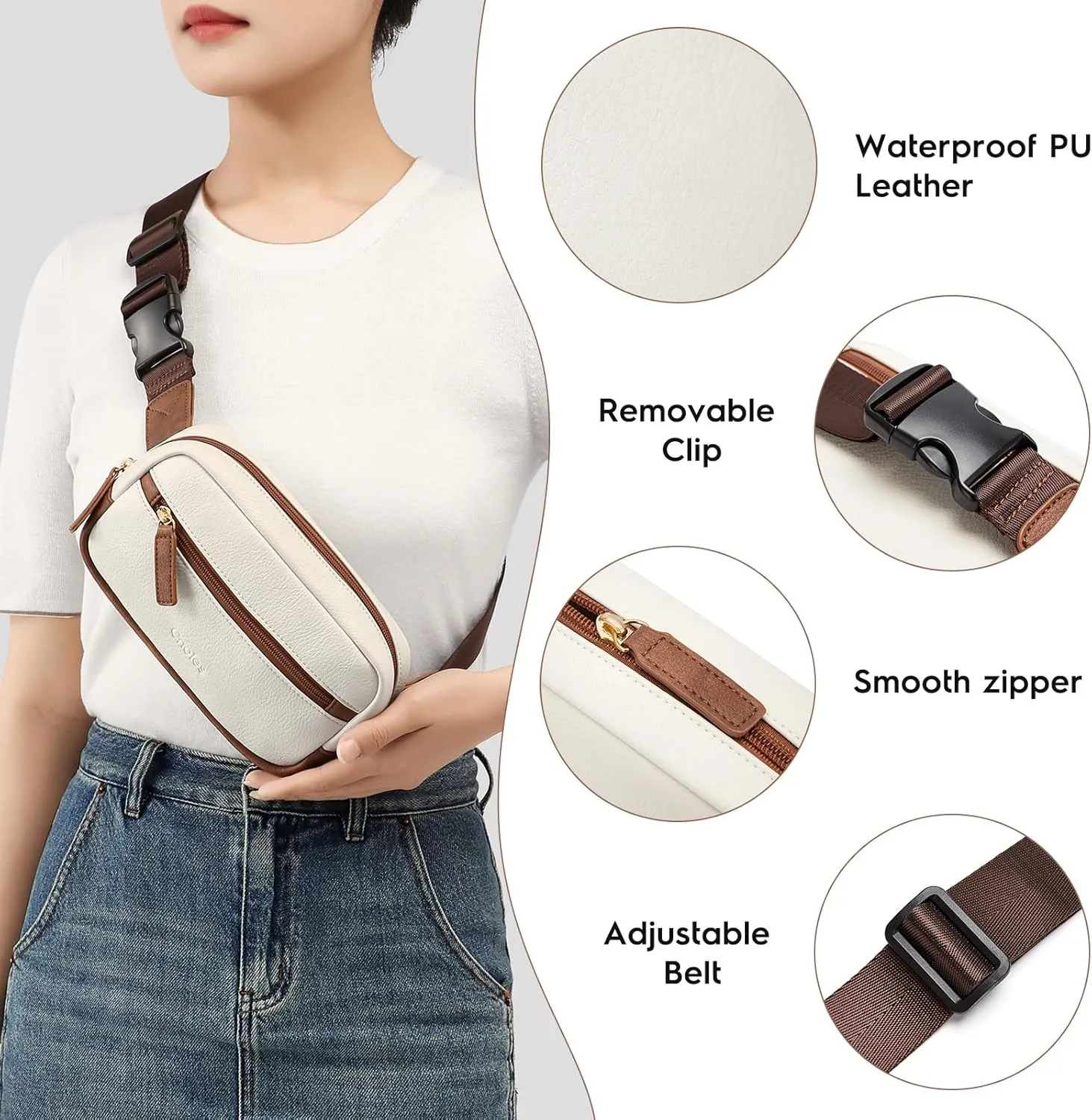 Cnoles Belt Bag for Women Fashion Waist Bag Vegan Leather Fanny Pack Crossbody Bags for Women With Adjustable Straps White