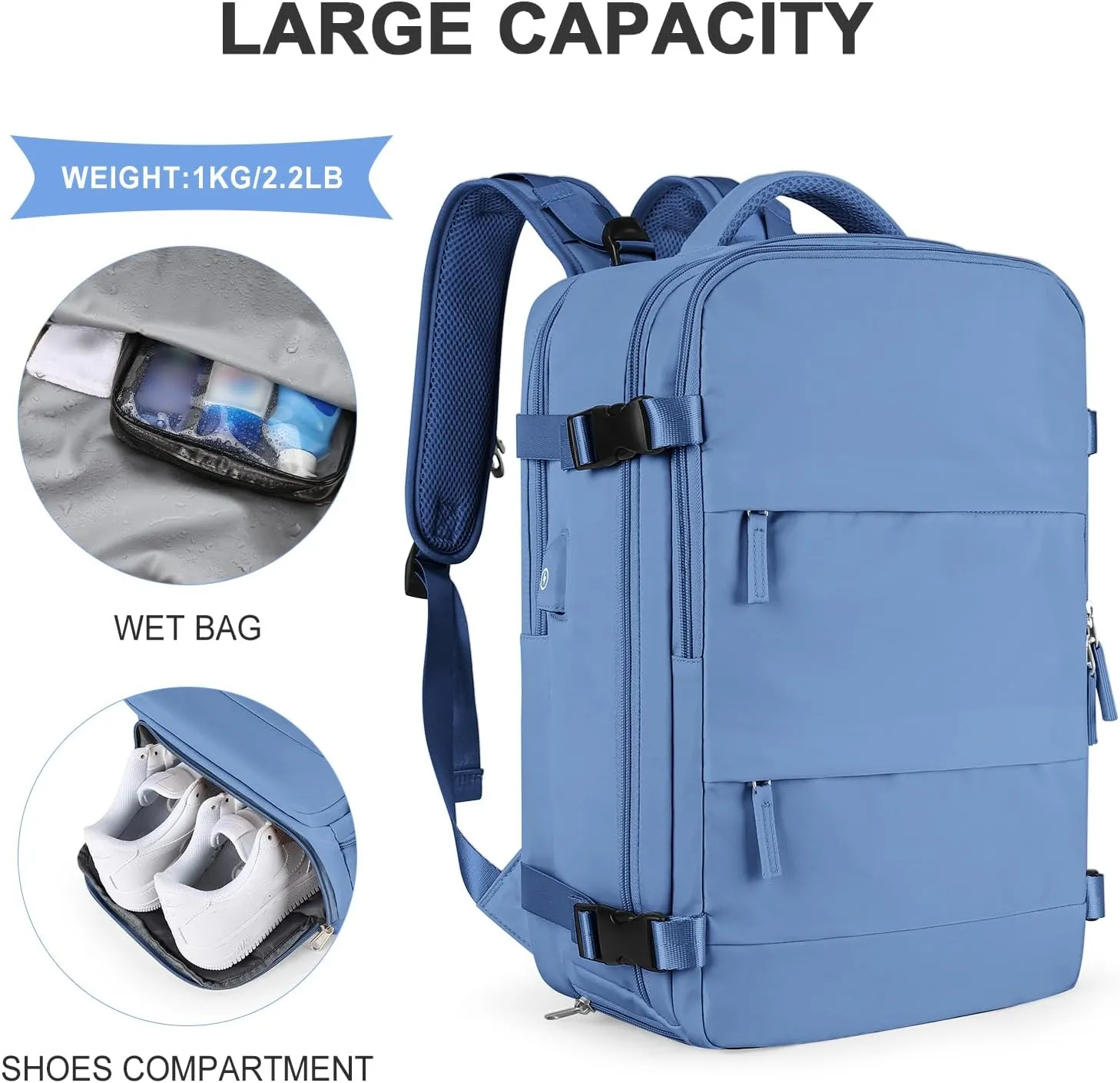 coowoz Large Travel Backpack for Women Men,Carry On Backpack,Hiking Backpacks Outdoor Sports Rucksack Casual Daypack Travel Essentials Sky Blue