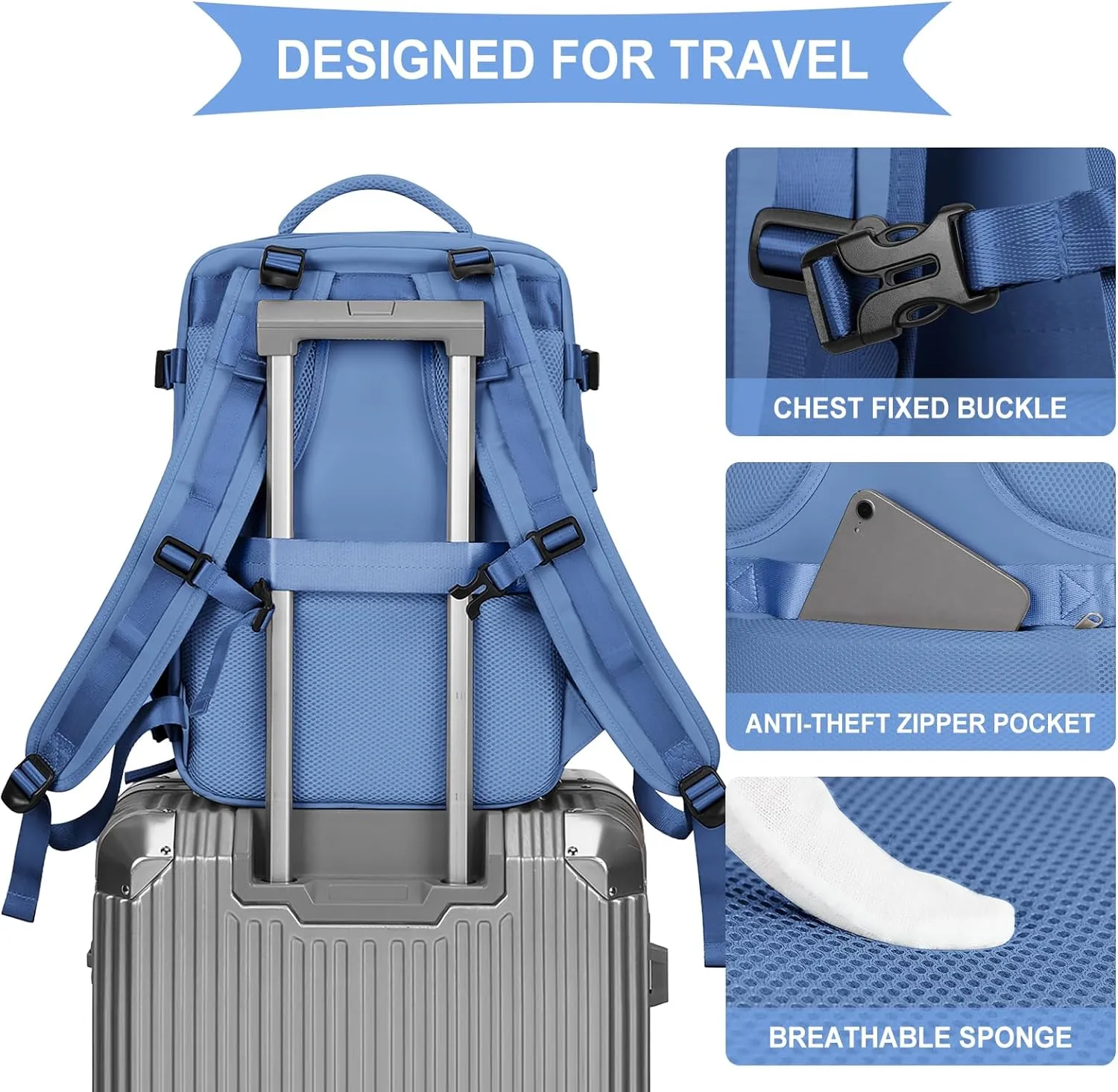 coowoz Large Travel Backpack for Women Men,Carry On Backpack,Hiking Backpacks Outdoor Sports Rucksack Casual Daypack Travel Essentials Sky Blue