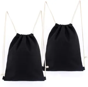Cotton Canvas Drawstring Backpack Bag Sport Gym Sackpack String Sack Bags Pack of 2, Black