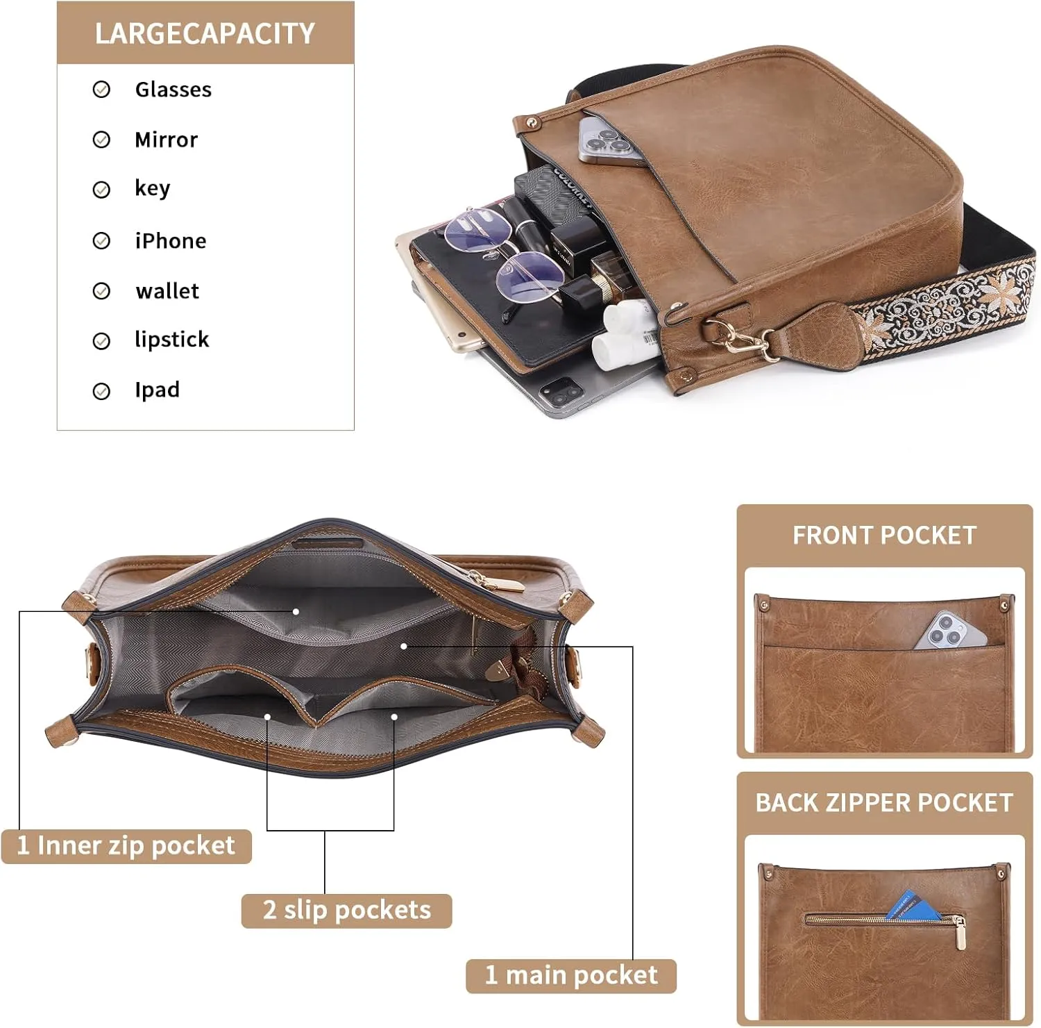 Crossbody Bag Women Vegan Leather Hobo Handbag Trendy Crossbody Shoulder Bag Purses For Women with 2 Adjustable Strap