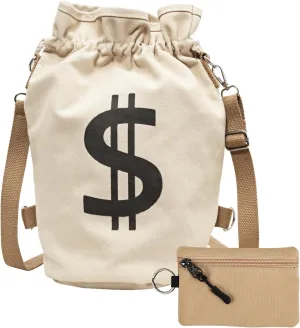 Dollar Sign Drawstring Backpack with Coin Pouch, Large Novelty Lucky Fabric Drawstring Money Pouch, Off White Storage Bag with Coin Key Card Bag, Lightweight Sport Gifts Theme Party Bucket Rucksack