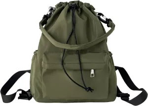 Drawstring Backpack, Small Nylon Drawstring Bucket Bag Purse, Army Green, One Size